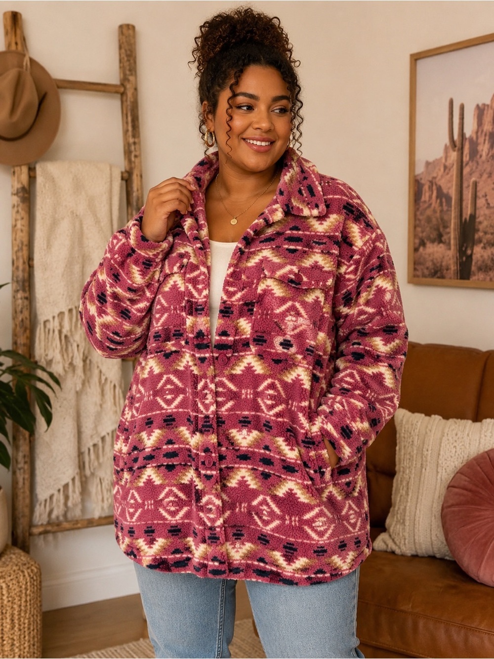Como Blu Southwestern Sherpa Teddy Jacket Shacket 1X BNWT